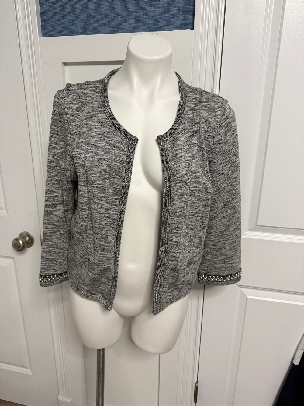 Express Women's Marled Gray Open-Front Knit Blazer with Embellished Cuffs